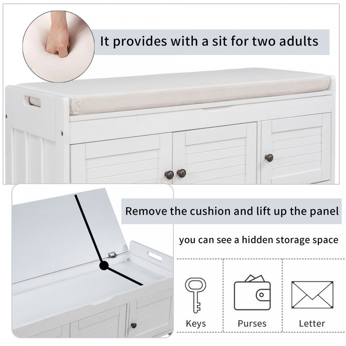 Banc De Rangement Olivia En Pin Avec Meuble A Chaussures 3 Portes Et Compartiment Cache, Blanc