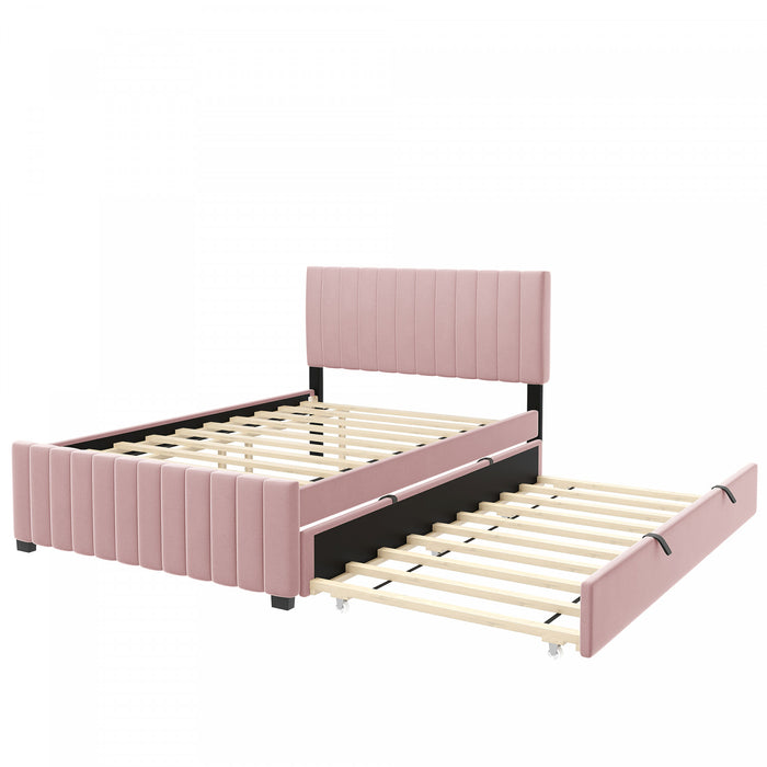 Lit plateforme Ethan rembourre en velours, gain de place, avec tiroir gigogne, taille full, rose