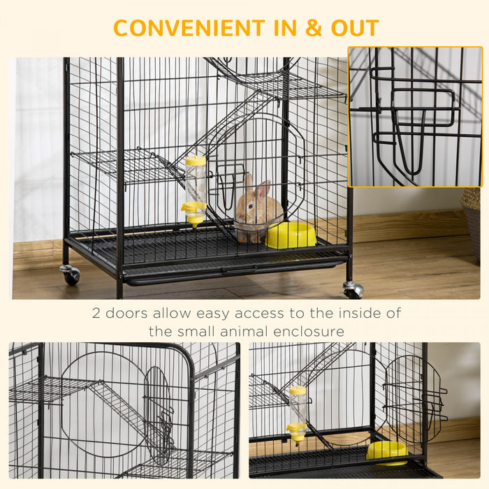 Pawhut Cage Pour Petits Animaux 37\" Lapin Furet Chinchilla Avec 2 Portes Plateforme Rampe Metal Noir