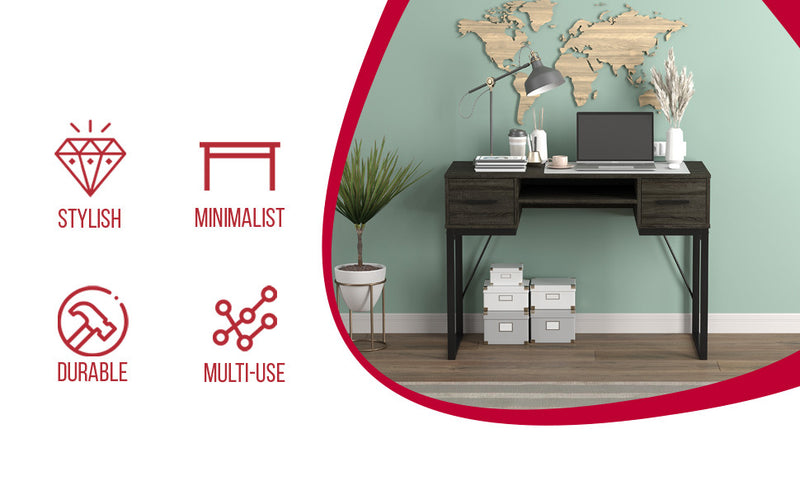 Bureau D’etude 42,5 Po Pour Bureau A Domicile Ou Salle De Jeux – Gris Fonce Avec 2 Tiroirs, 1 Etagere Et Base En Metal Noir