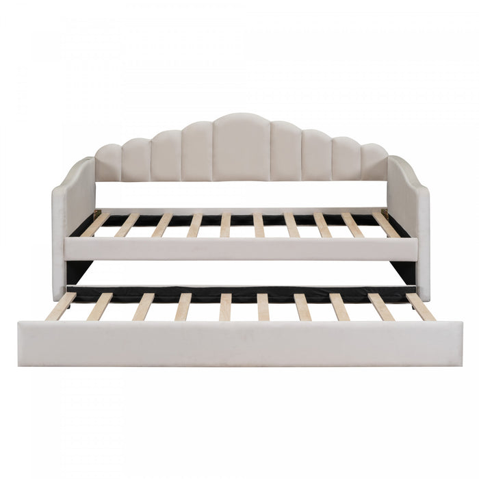 Lily Lit Relevable Capitonne avec Lit Gigogne et Ports de Chargement USB, Taille Twin, Beige