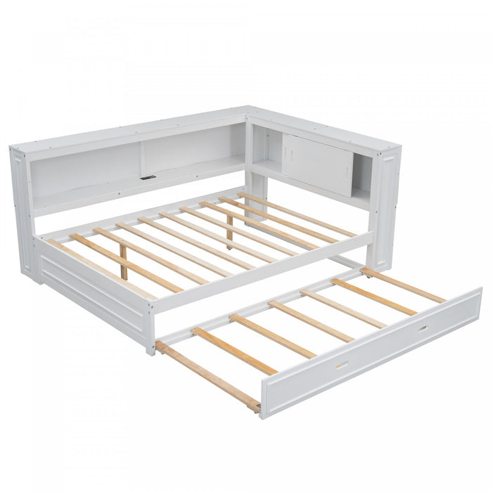 Diana – Lit De Jour Double En Bois Avec Etageres De Rangement, Ports Usb Et Eclairage Del, Blanc