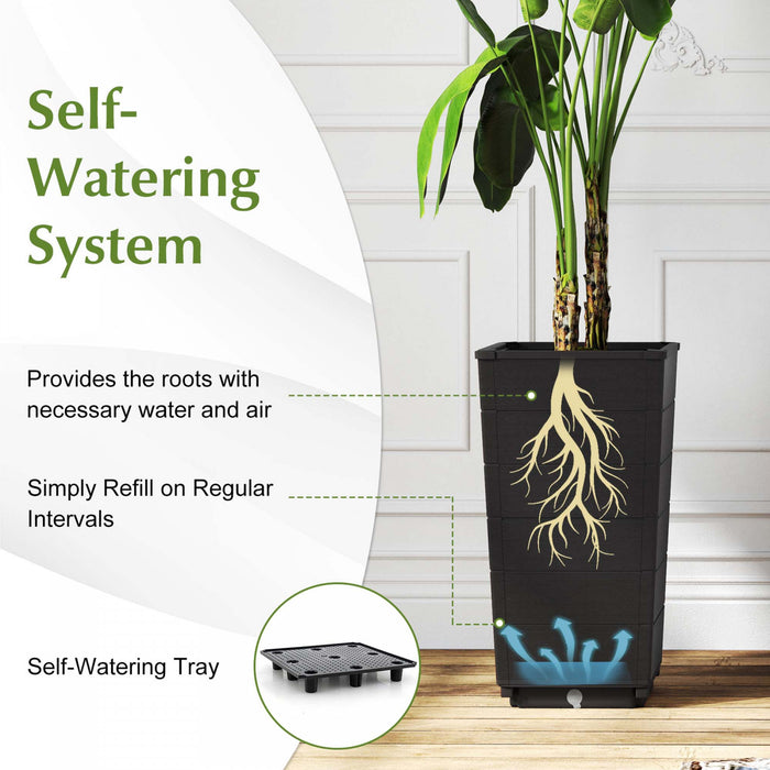 Costway 23\" Planter Haut Ensemble De 2 Pour Usage Interieur / Exterieur Grand Pot De Plante Auto-arrosant Noir