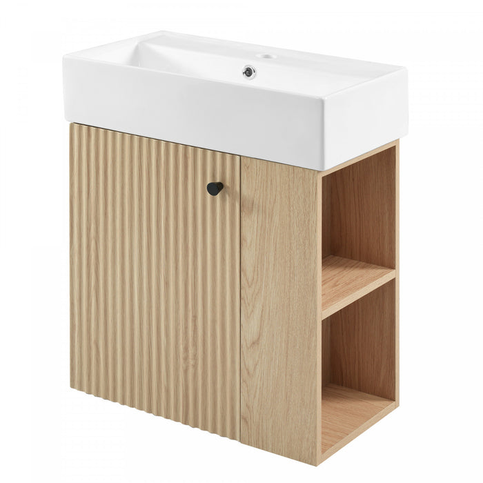 Camille Meuble de salle de bain flottant avec vasque en ceramique et rangement cote droit, Naturel