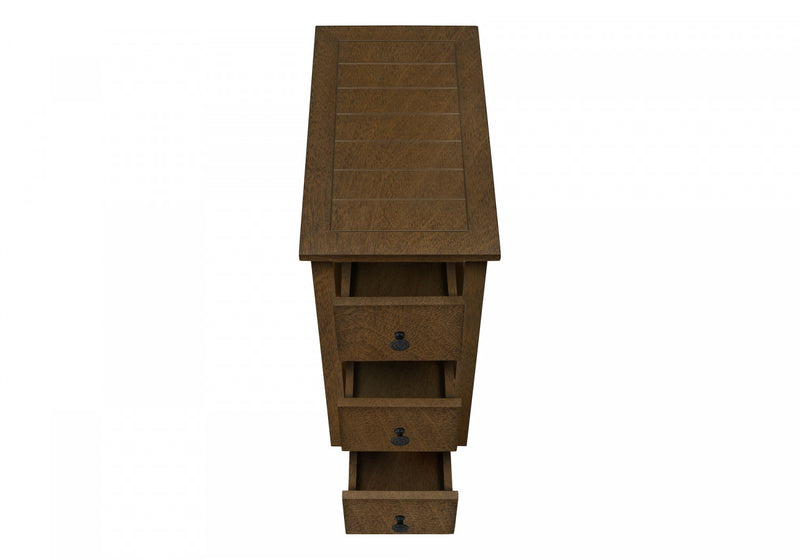 Table de bout, d’appoint et de nuit étroite de style transitionnel avec tiroir de rangement et placages bruns pour la chambre à coucher