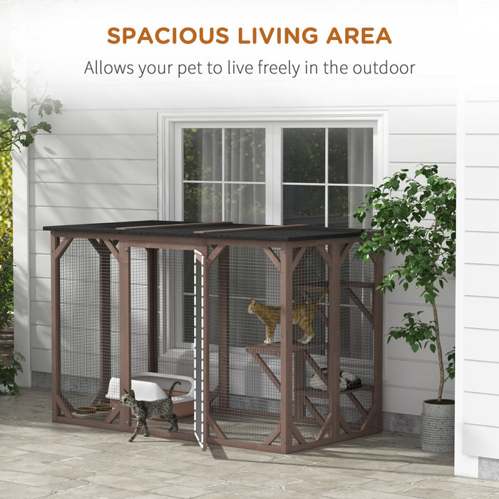 Pawhut Cage Pour Chat Maison D'exterieur En Bois Pour Chat Cage Interieure Avec Toit En Asphalte, Plateformes A Plusieurs Niveaux Et Grande Porte D'entree - 71\"l, Marron