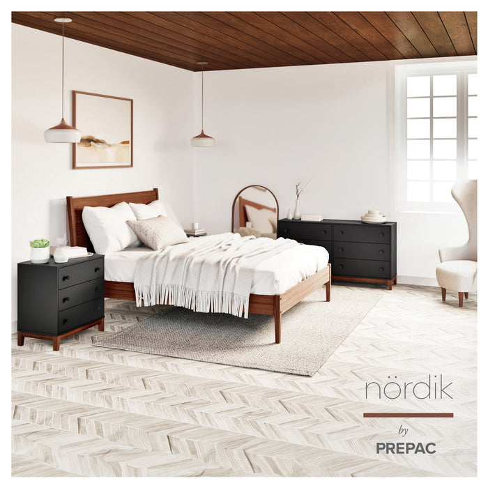 Table de nuit Nordik de Prepac à 3 tiroirs - noire et cerisier
