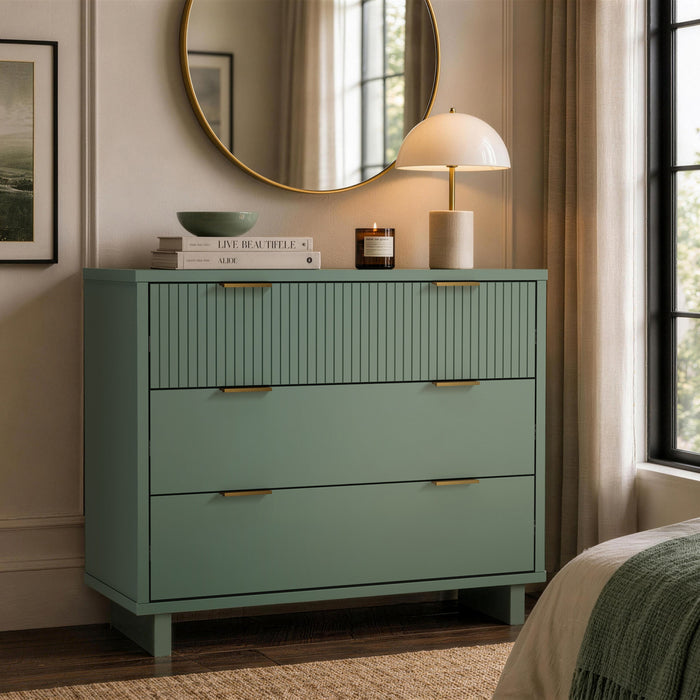 Commode contemporaine Elara 38\" en bois massif vert sauge (3 tiroirs)