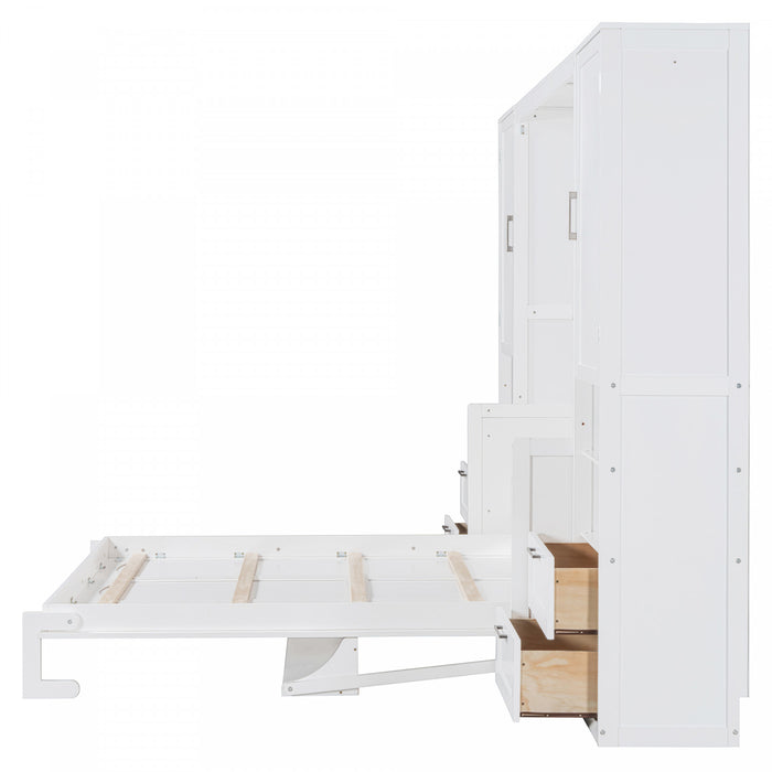 Lit Escamotable Joyce Format Queen Avec Tiroirs Et Etageres, Blanc