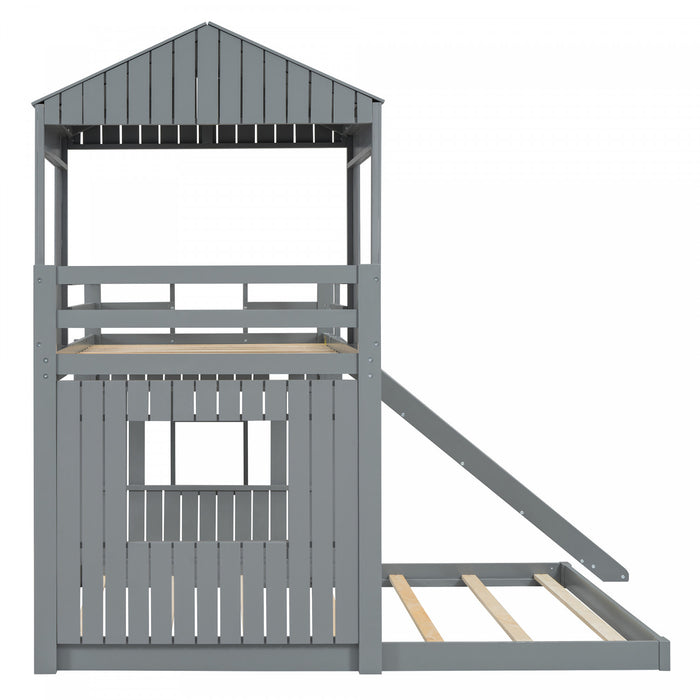 Lit Superpose Marico En Bois Massif, Taille Simple En Haut Et Double En Bas, Avec Toboggan, Design Maison De Jeu, Gris