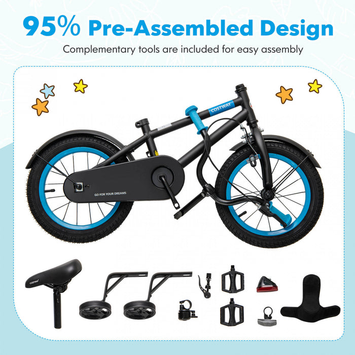 Costway 16\" Velo Pour Enfants Avec Guidon Reglable De Selle Roues D'entrainement Amovibles Frein A Main Noir