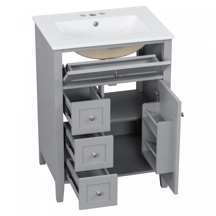 Scott Meuble-lavabo de 24\" avec vasque en ceramique et pieds en bois caoutchouc, Gris