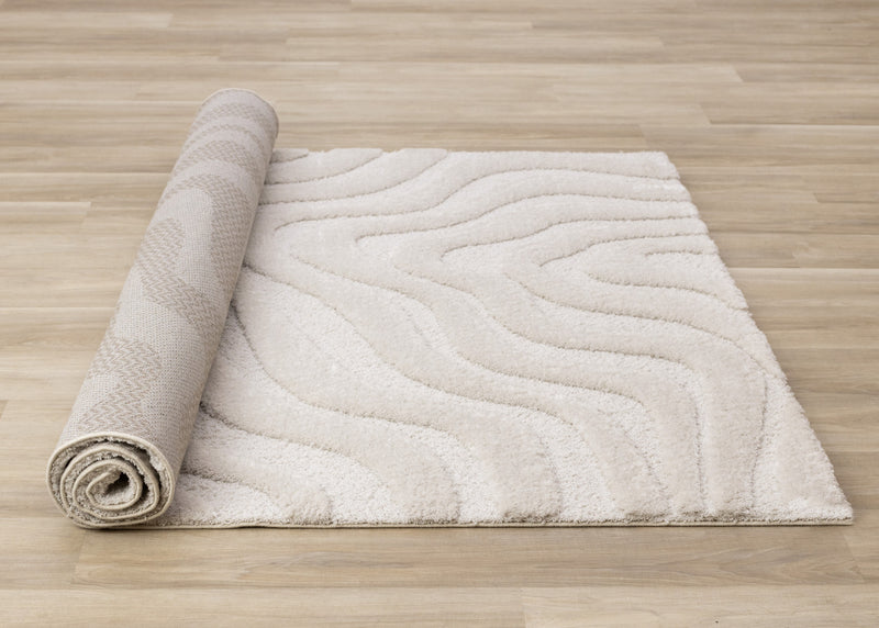 Carpette moderne, luxueuse et moelleuse Lincoln blanche à motif de courbes - 6 pi 7 po x 9 pi 6 po