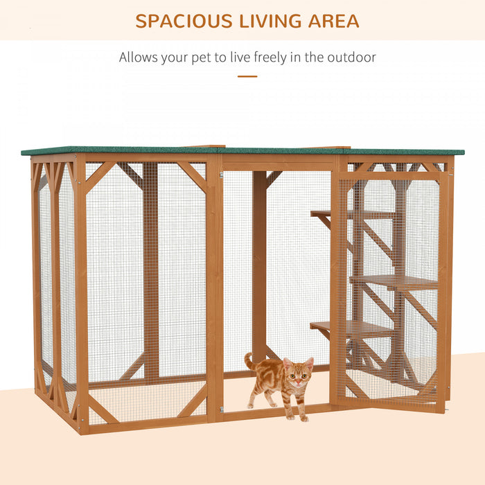 Pawhut Maison D'exterieur En Bois Pour Chat Cage Interieure Avec Toit En Asphalte, Plateformes A Plusieurs Niveaux Et Grande Porte D'entree - 71\"l, Orange