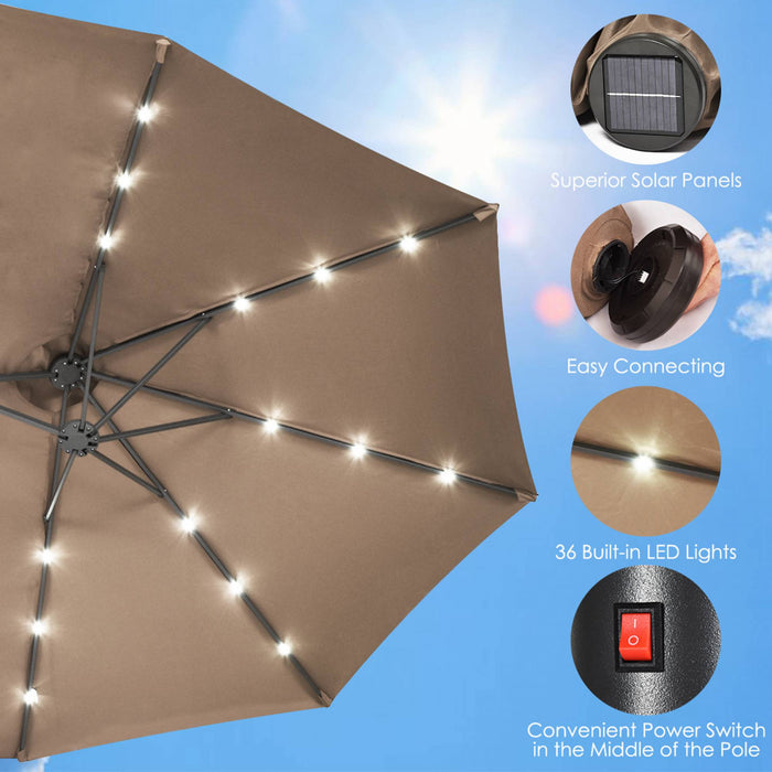 Costway Parasol de marche double-face solaire LED 15Ft Patio avec manivelle pied Taupe