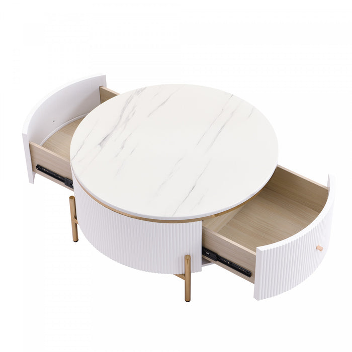 Table Basse Ronde Moderne Nelson De 31,5\" Avec 2 Tiroirs De Rangement, Blanche