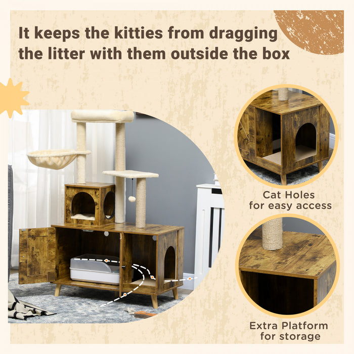 Pawhut Boite A Litiere Avec Tour D'arbre A Chat, Meubles De Toilette Caches Pour Chat Avec Condo, Griffoirs, Grande Plate-forme, Hamac Et Coussin Moelleux, Marron Rustique