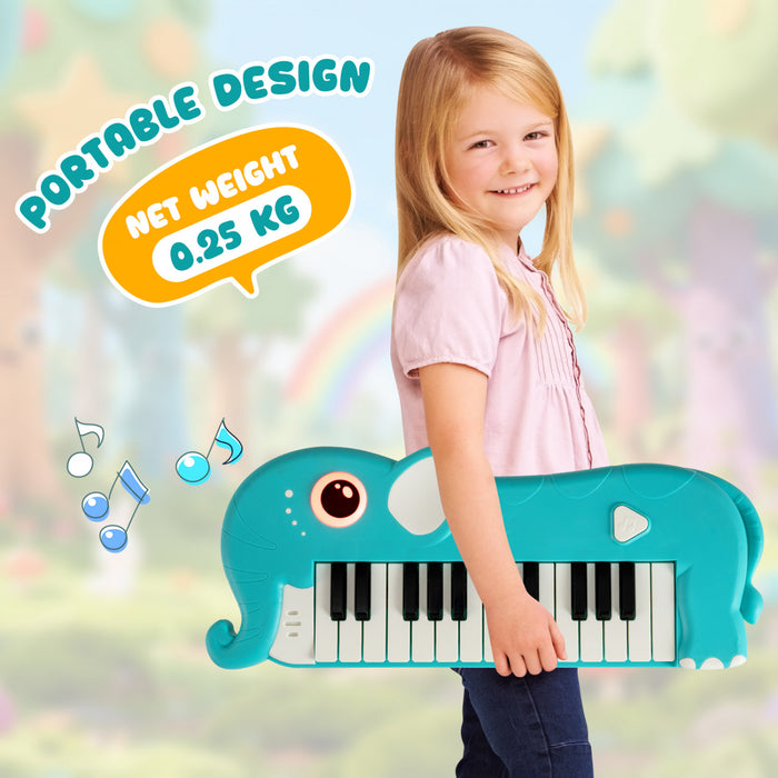 Costway Clavier de Piano pour Enfants 25 Touches en Forme d'Elephant, Jouet Piano Numerique avec Musique et Lumieres Integrees - Bleu
