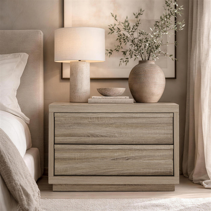 Table de nuit contemporaine Navis 32\" en chene naturel (2 tiroirs)