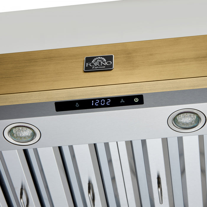 Hotte murale Vittorio de 48 po, blanc avec garniture en laiton antique,-FRHWM5078-48BLK