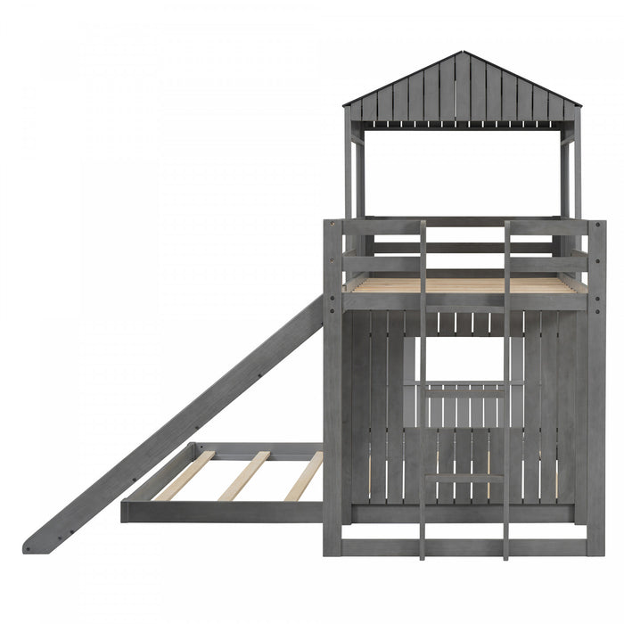 Lit Superpose Marico En Bois Massif, Taille Simple En Haut Et Double En Bas, Avec Toboggan, Design Maison De Jeu, Gris Antique