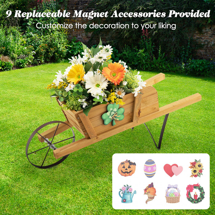 Chariot De Fleur Rustique Interieur/exterieur Decoratif De Planteur De Wagon En Bois Costway Avec Roue Beige