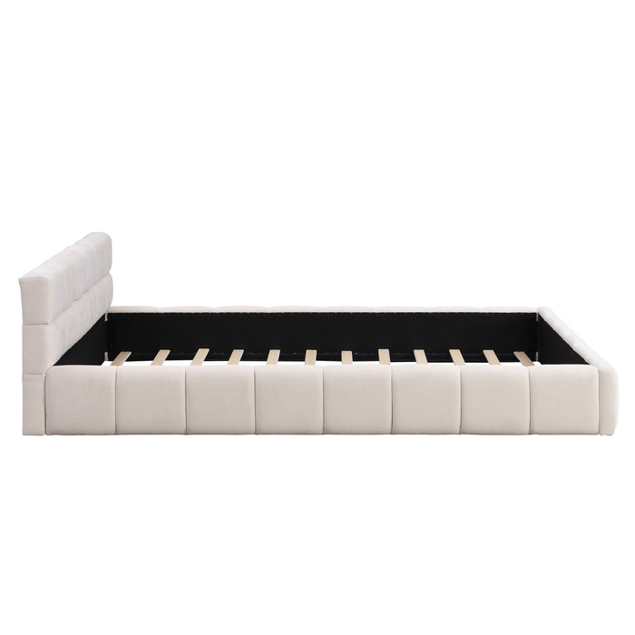 Eleanor Lit elegant avec revetement en chenille et design a damier, Taille Queen, Beige