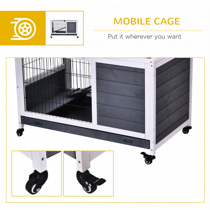 Pawhut Clapier D'interieur En Bois Pour Lapin Avec Cage Surelevee Avec Enclos Ferme Avec Roues, Ideal Pour Lapins Et Cochons D'inde, Blanc