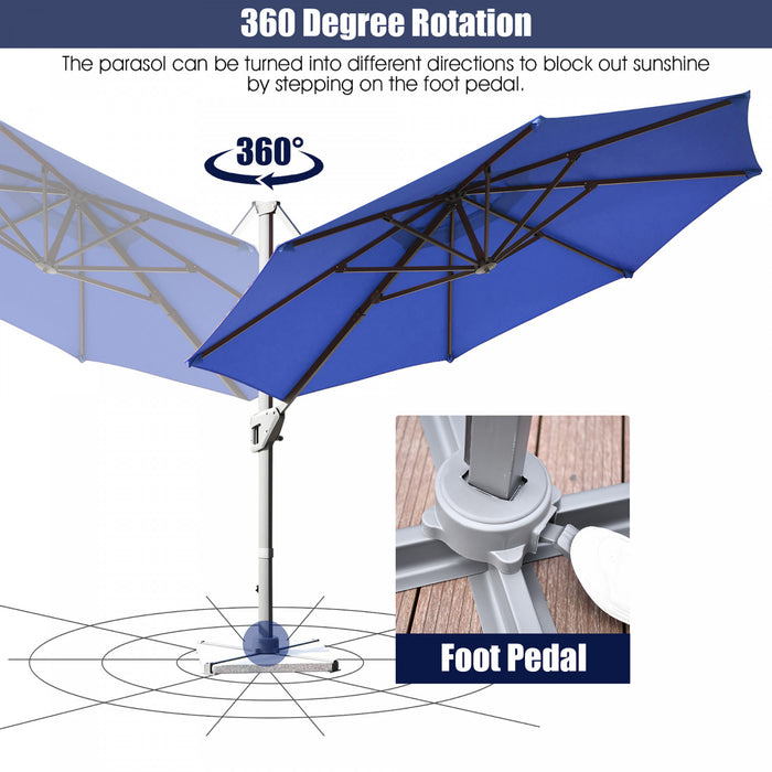 Costway Parasol deporte 11ft pour terrasse a rotation cantilever, aluminium, inclinable, base croisee, bleu marine