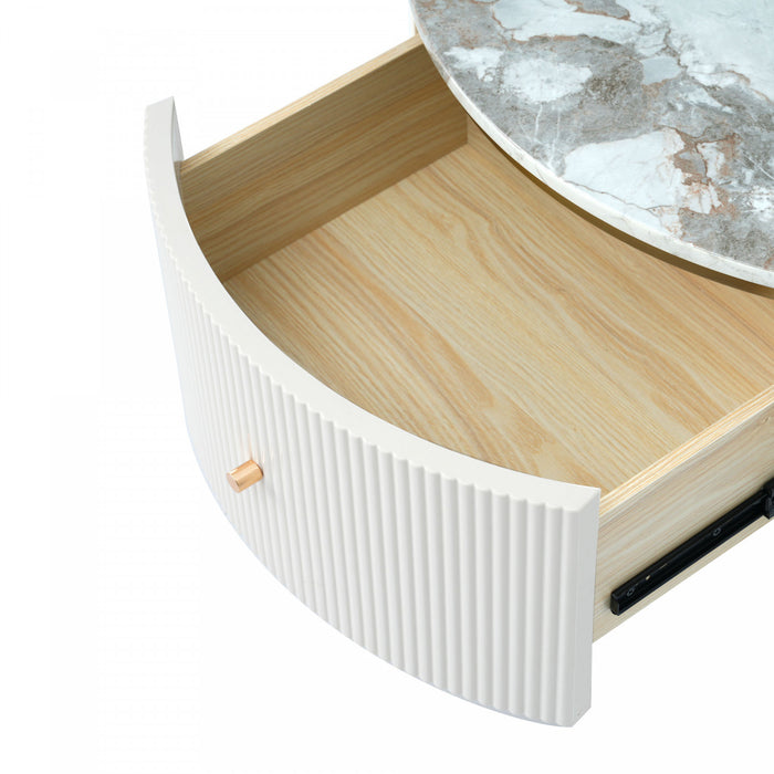 Table Basse Ronde Moderne Nelson De 31,5\" Avec 2 Tiroirs De Rangement, Blanc Casse