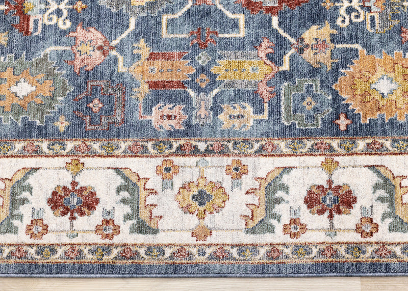 Tapis Olivia bleu a inspire tribal avec bordure, 5'3\" x 7'10\"