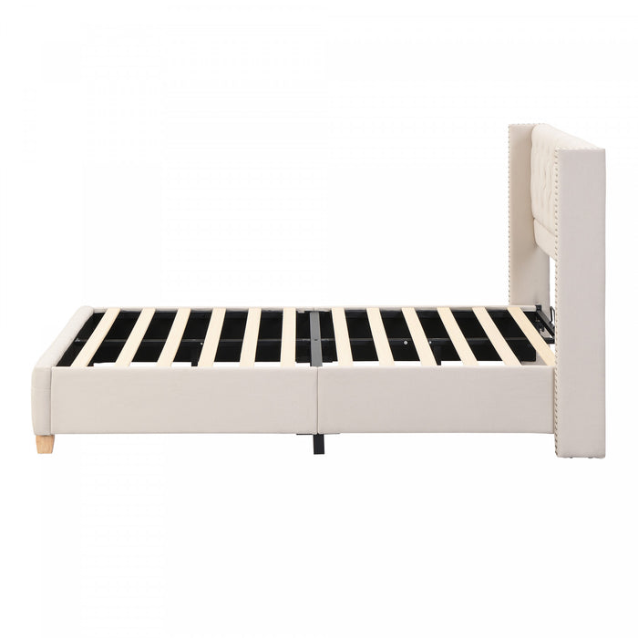 Lit plateforme en lin Haley avec tete de lit a ailes classiques et capitonnage en diamant, taille Full, beige