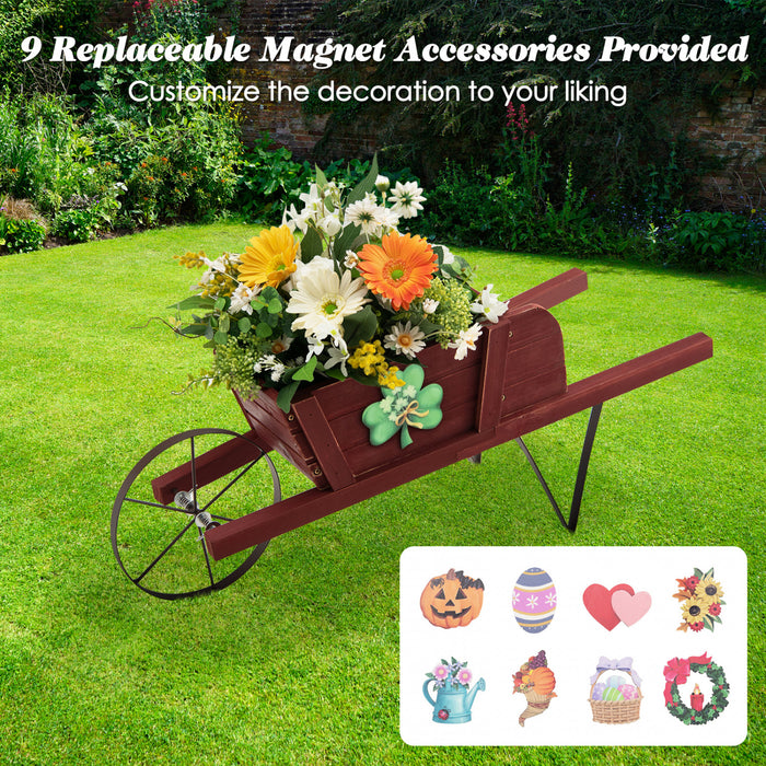 Chariot De Fleur Rustique Interieur/exterieur Decoratif De Planteur De Wagon En Bois Costway Avec Roue Rouge