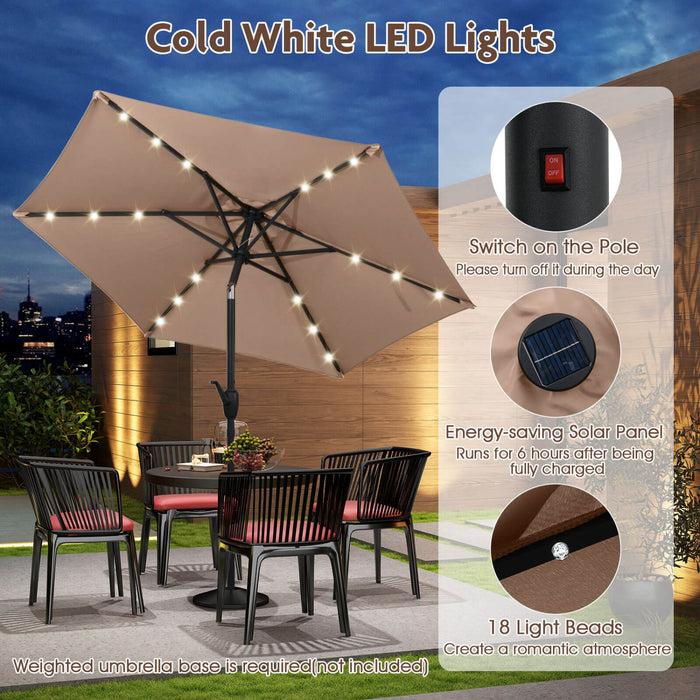 Parasol solaire Costway 7,5 ft avec lumieres LED, inclinaison par bouton-poussoir, manivelle, marron