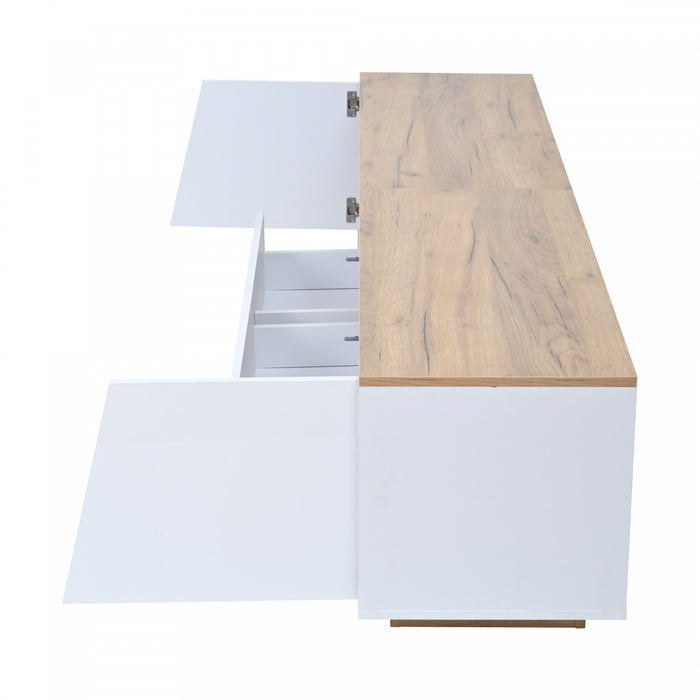 Lumina Meuble TV 64.9 po avec Lumieres LED et Finition Haute Brillance, Blanc/Bois