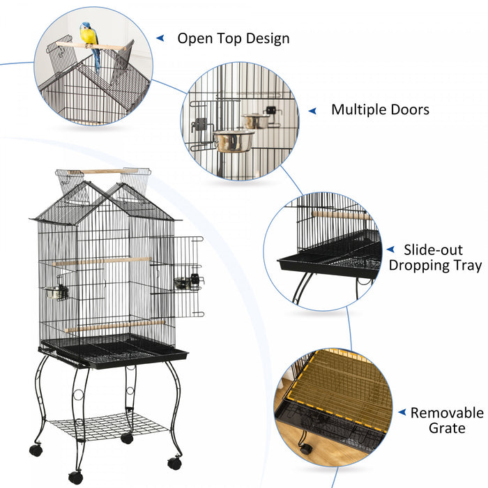 Pawhut Grande Cage A Perroquets En Metal Pour Oiseaux Cage A Perruches Cage A Oiseaux Support Pour Station D'alimentation Avec Roues