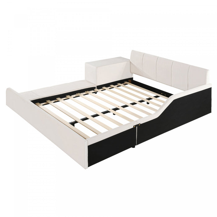 Lit Lily en velours rembourre avec bureau et tabouret, taille Queen, beige