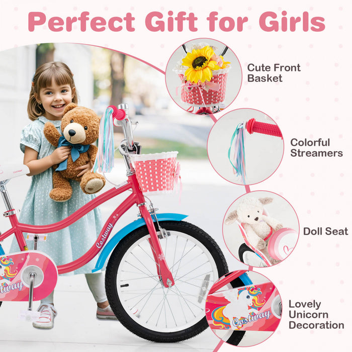 Costway 18\" Velo Pour Enfants De 4 A 8 Ans Avec Siege De Poupee Panier Et Streamers Colores Kickstand Rose