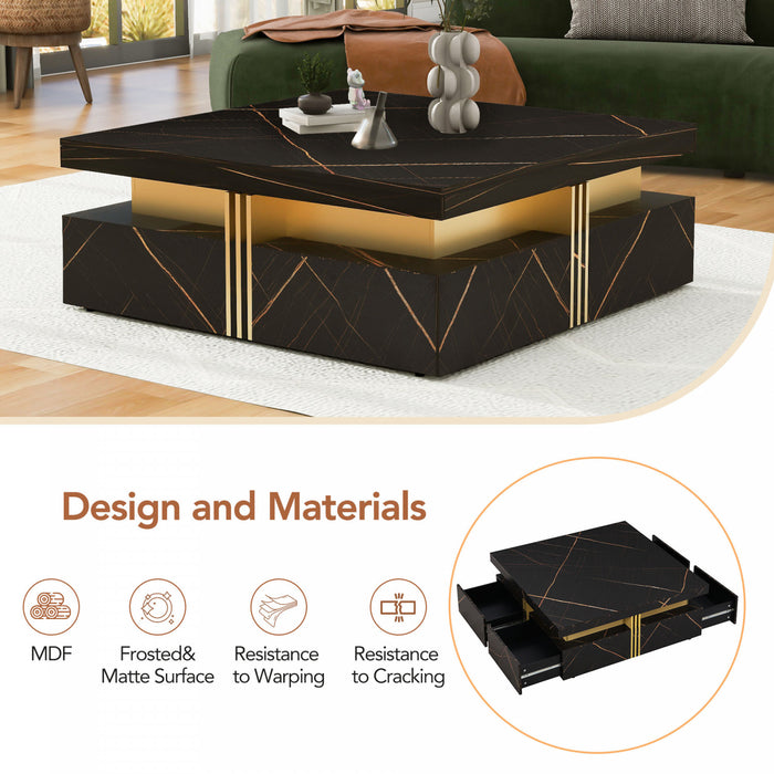 Table Basse Carree Marcia De 43,3\" En Bois Composite Avec Tiroirs De Rangement, Noire