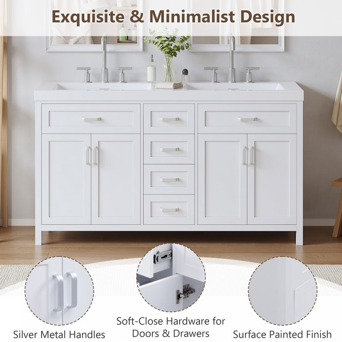 Dune Meuble-Lavabo Double 59 po avec Vasques en Resine et 4 Tiroirs, Blanc