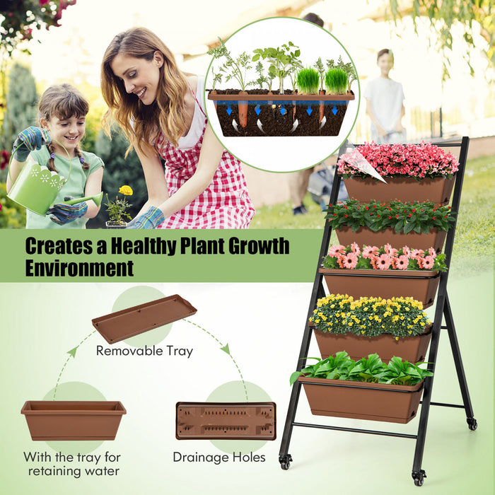 Costway 5-tier Vertical Raised Garden Bed Elevated Planter Avec Roues Et Boites A Conteneurs