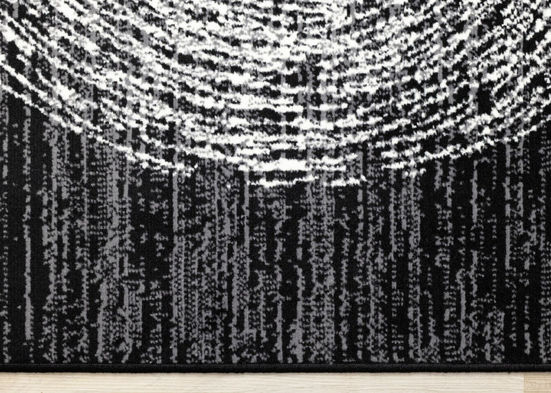 Tapis Florence noir, gris et blanc a motif d'anneaux d'arbre, 5'3\" x 7'4\"