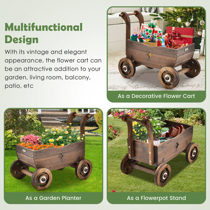 Jardiniere En Bois En Forme De Brouette, Chariot Decoratif Avec Roues, Poignees, Trou De Drainage, Support De Pot De Fleurs Roulant, Pot De Fleurs Rustique, Interieur Et Exterieur, Jardin, Terrasse, Balcon,