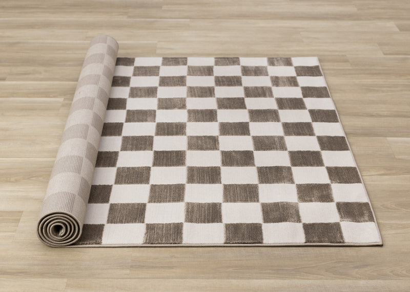 Carpette géométrique Leopold brune et blanche à motif de carreaux - 5 pi 3 po x 7 pi 7 po