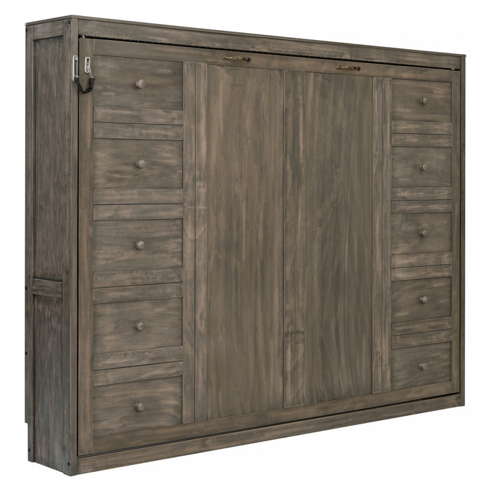 Lit escamotable Olivia en bois massif avec lumiere LED et armoire pliante, taille full, marron