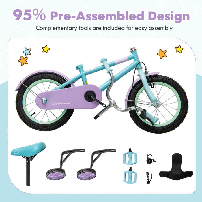 Costway 14\" Velo Pour Enfants Avec Guidon Reglable De Selle Roues D'entrainement Amovibles Frein A Main Bleu