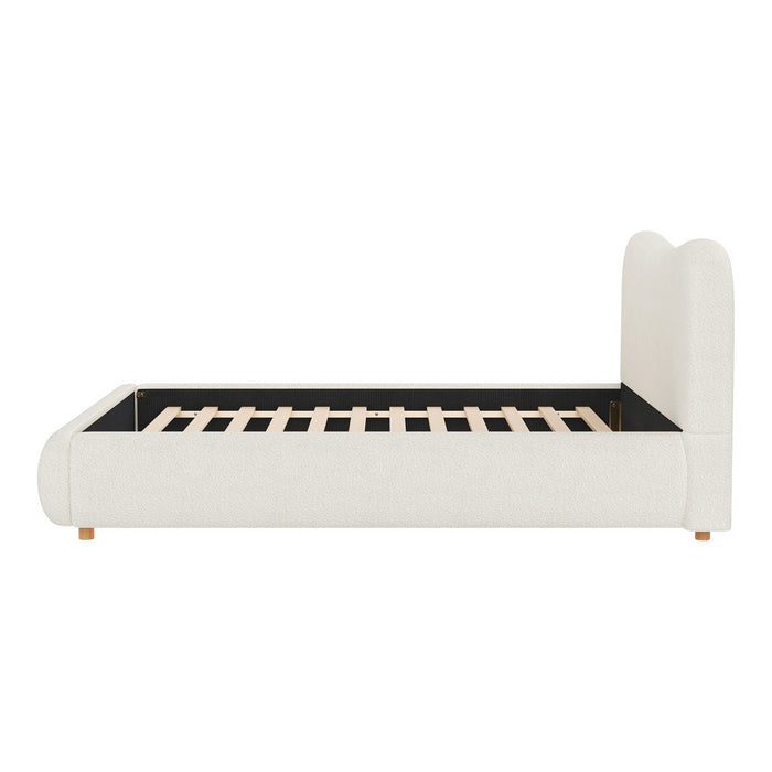 Lit plateforme Camille avec tete de lit incurvee et tapissage boucle luxueux, taille Queen, blanc