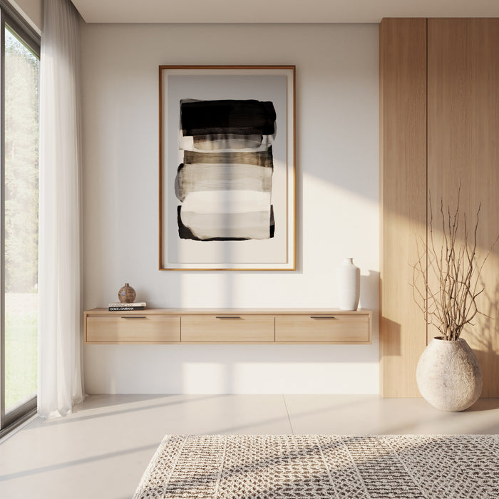 Meuble pour téléviseur mural mince Nordika de 72 po avec 3 armoires de rangement - chêne blond naturel