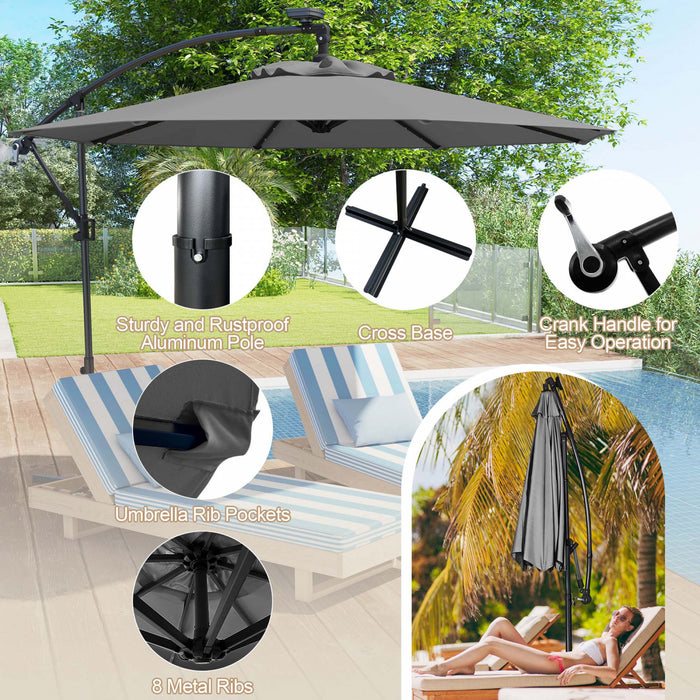 Parasol deporte Costway 10 pieds avec eclairage solaire LED, rotation 360°, gris