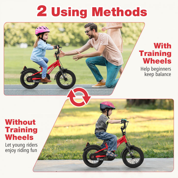 Costway 12\" Velo Pour Enfants De 3 A 4 Ans Garcons Et Filles Avec Reflecteurs Reglables De Frein A Main De Siege Rouge